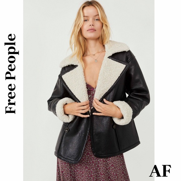 Free People Kaja Vegan Leather Black and Cream Teddy Jacket XL New - Picture 3 of 10